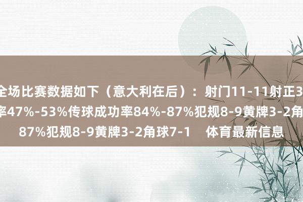 全场比赛数据如下（意大利在后）：射门11-11射正3-4进球契机1-4控球率47%-53%传球成功率84%-87%犯规8-9黄牌3-2角球7-1    体育最新信息