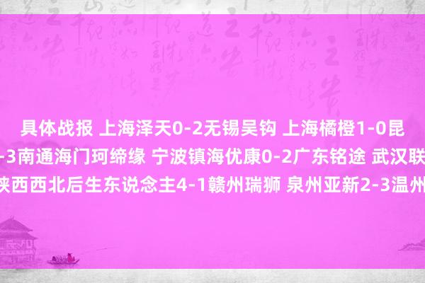 具体战报 上海泽天0-2无锡吴钩 上海橘橙1-0昆明城星 上海三菱重工0-3南通海门珂缔缘 宁波镇海优康0-2广东铭途 武汉联镇0-1深圳二零二八 陕西西北后生东说念主4-1赣州瑞狮 泉州亚新2-3温州俱乐部 广州蒲公英3-2湖北后生星 深圳安祥1-0广西蓝航 发布于：福建省体育录像/图片